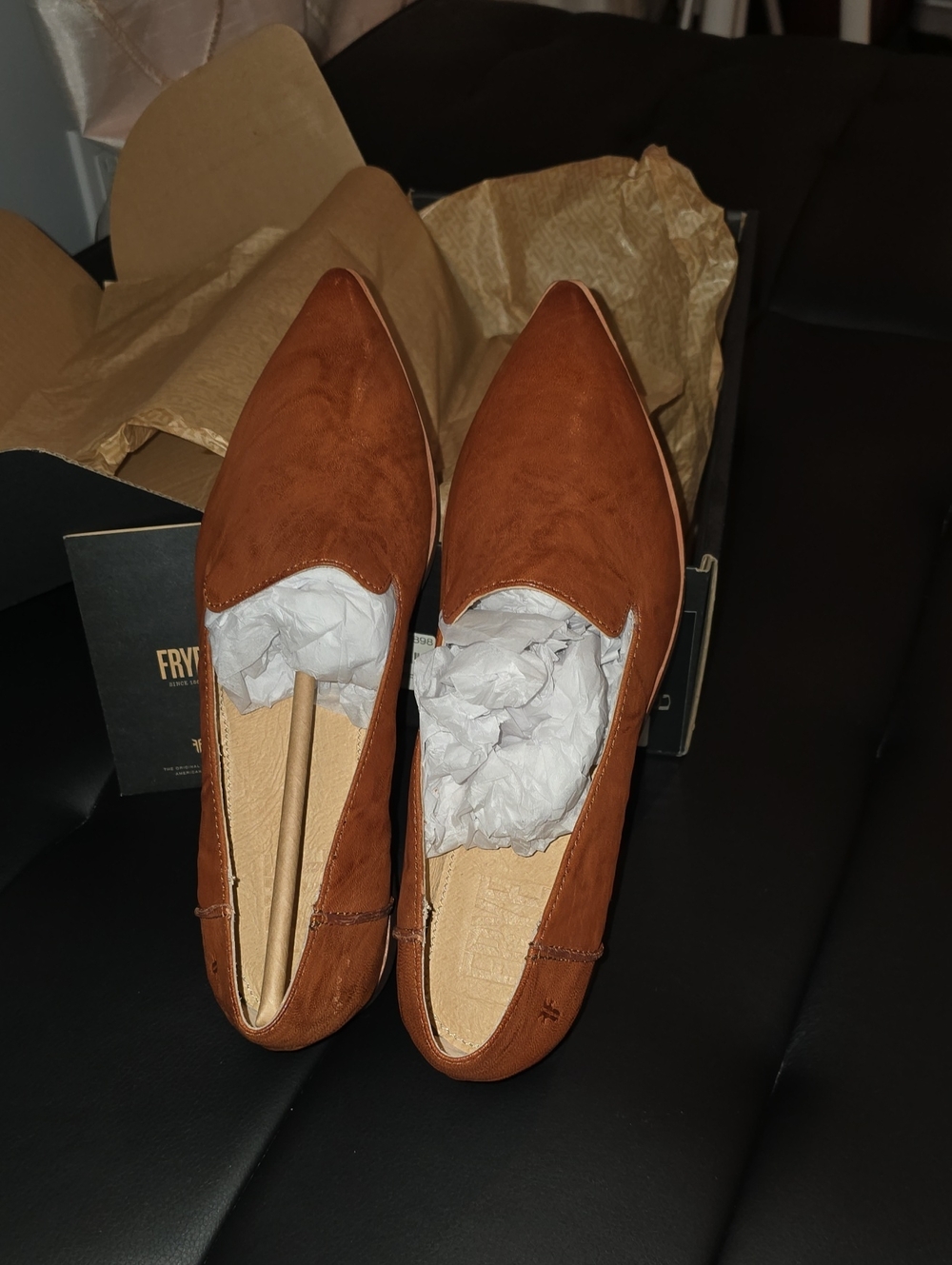Never Worn Womens Frye Kenzie Venetian Pointed Suede Slip-Ons in Cognac.